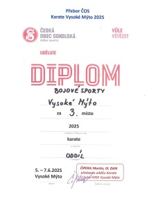 2025.06 Přebor ČOS Karate VMy 2025 - diplom kategorie oddíl 3. místo - Bojové Sporty Vysoké Mýto